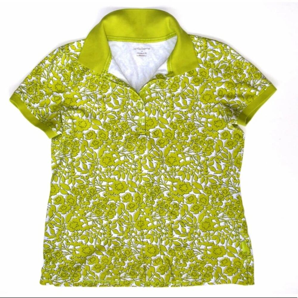 Liz‎ Claiborne M Citrus Green Floral Pique Weave Polo PRISTINE